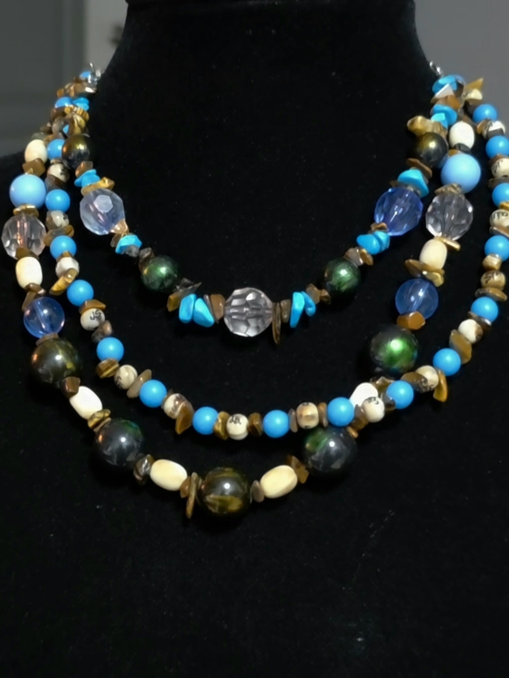 Multi-Strand Boho Statement Necklace - Turquoise & Tiger's Eye Tones - 18"